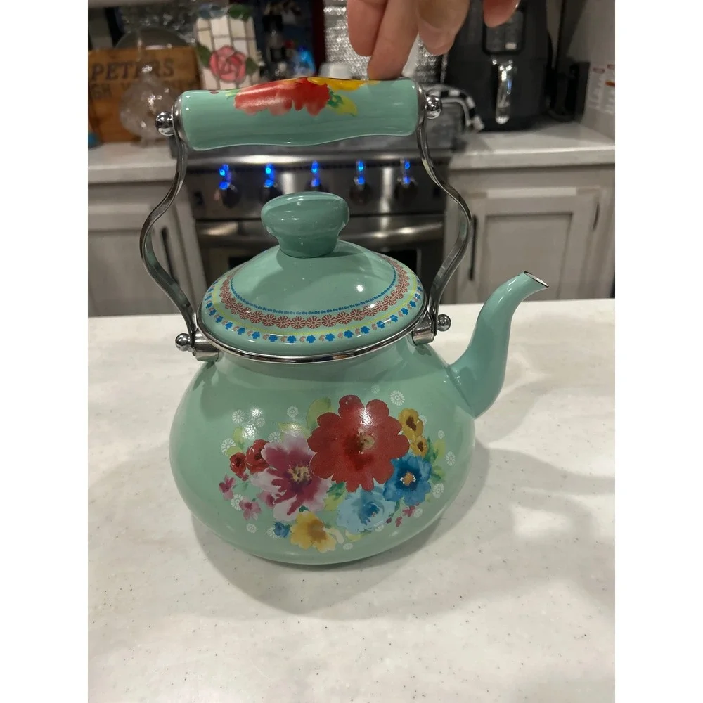 The Pioneer Woman Breezy Blossom Tea Kettle 1.9 Quart Enamel Steel Mint Floral